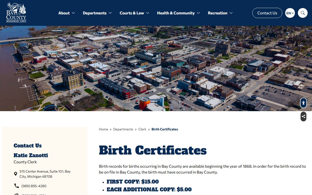 Bay County County Clerk birth certificate eligibility and records rules