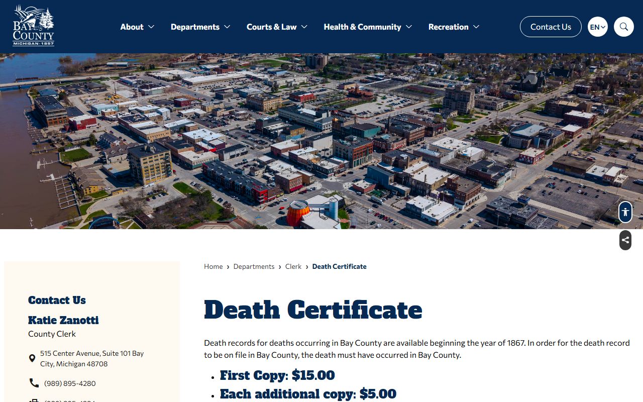Bay County County Clerk death certificate request rules and fees