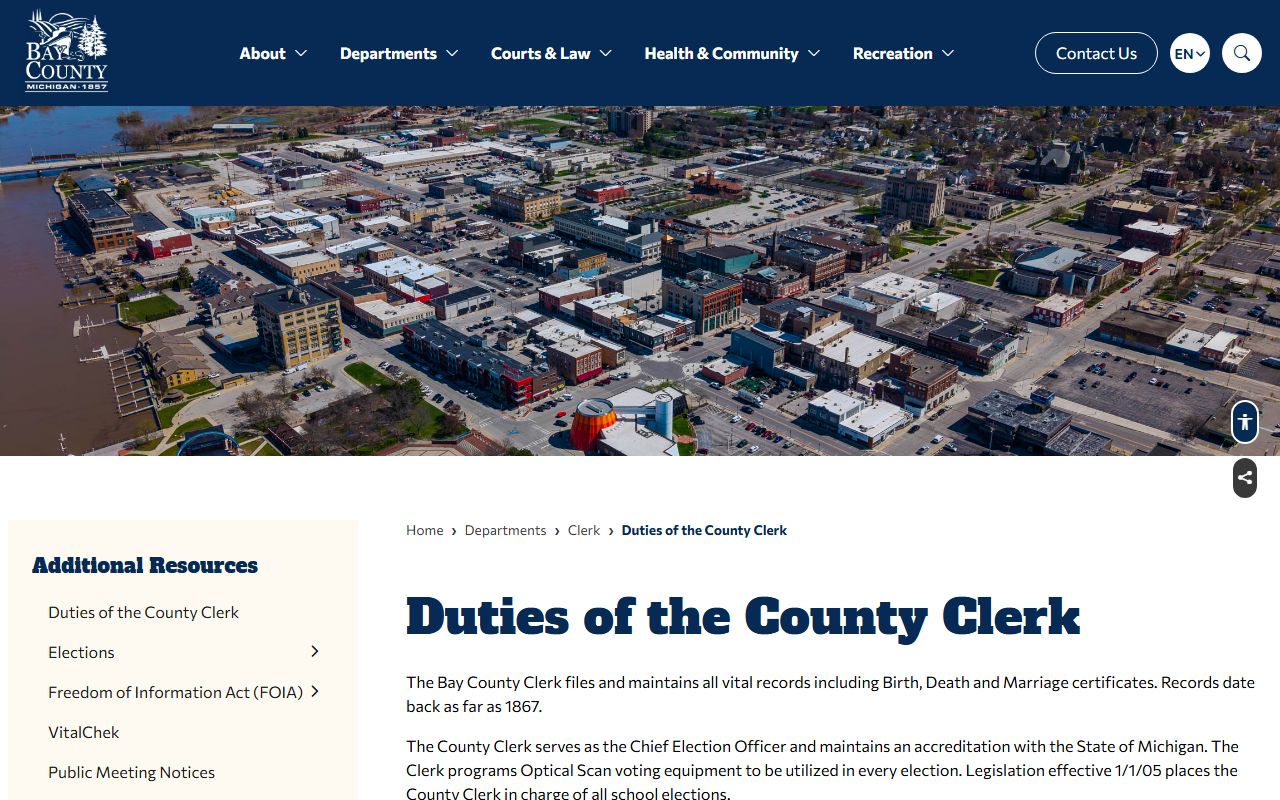 Bay County County Clerk duties and vital records history