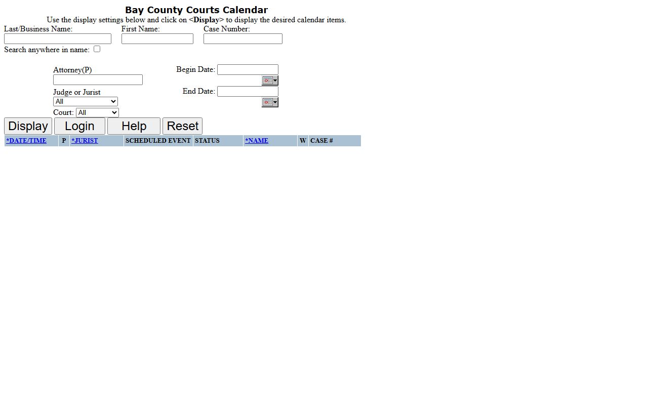 Bay County court dockets calendar search form on the county court portal
