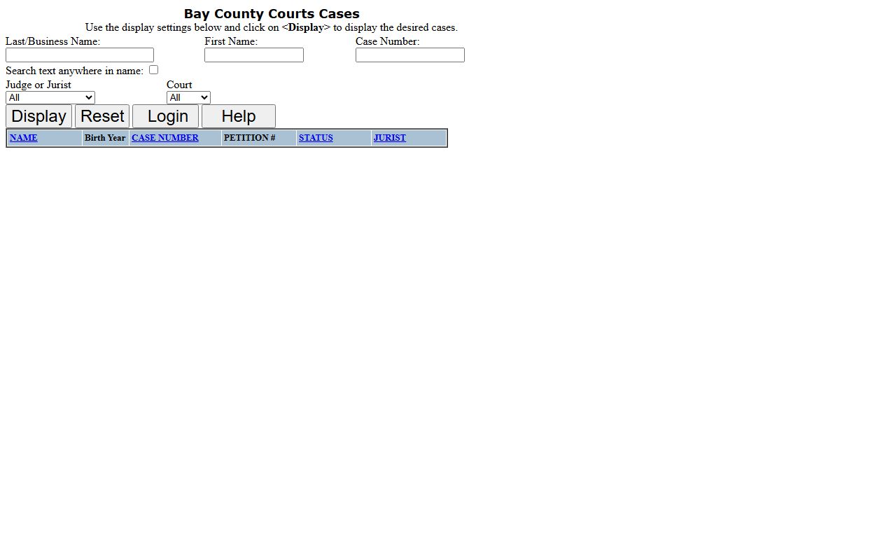 Bay County court records case search form on the county portal