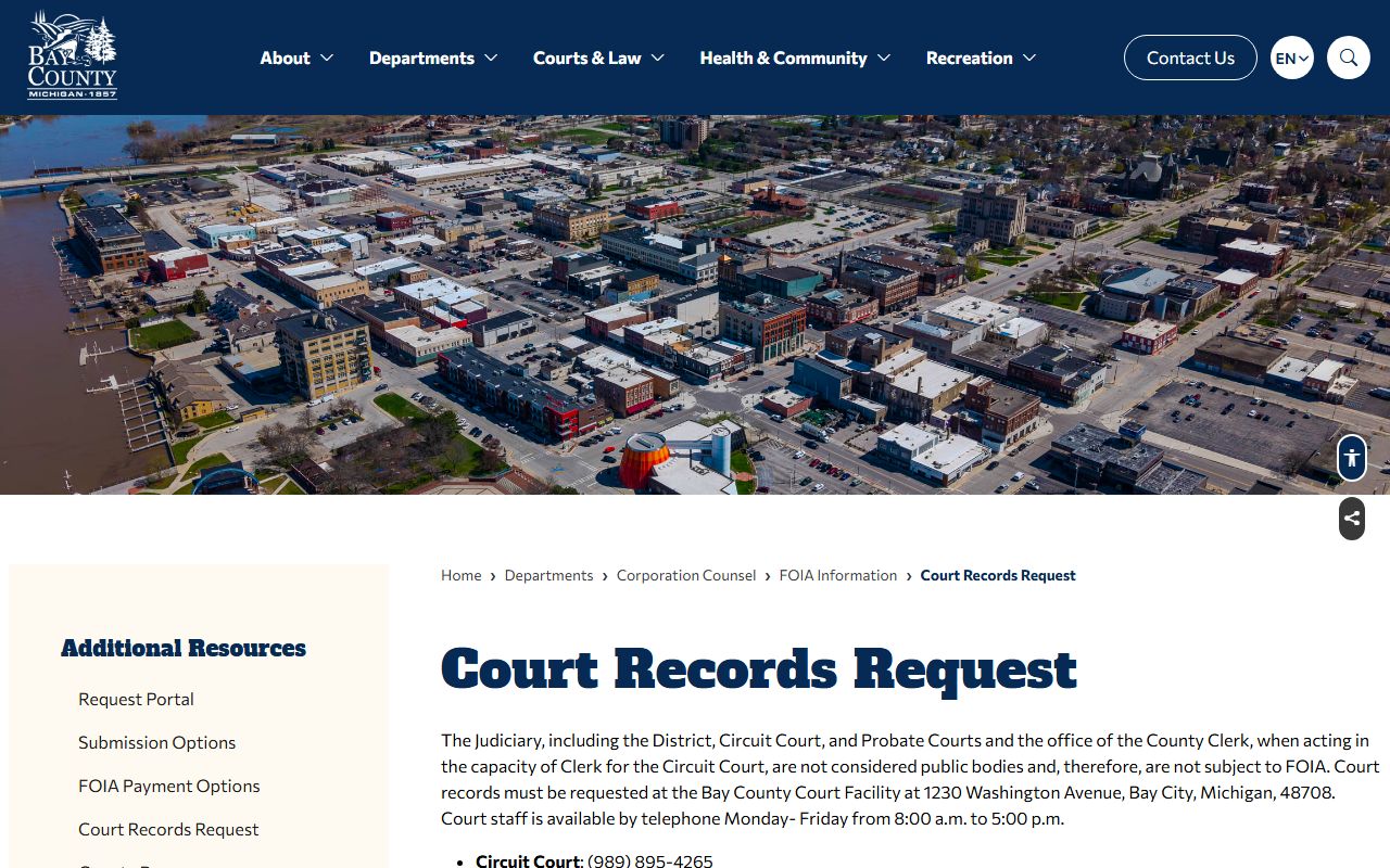 Bay County court records request page and FOIA limitation notice