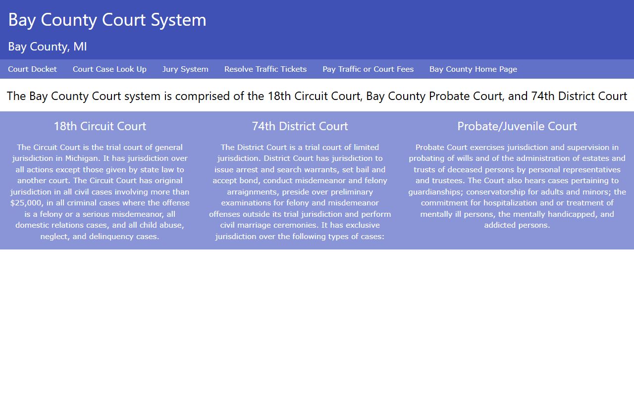 Bay County Court records portal home page with circuit, district, and probate links