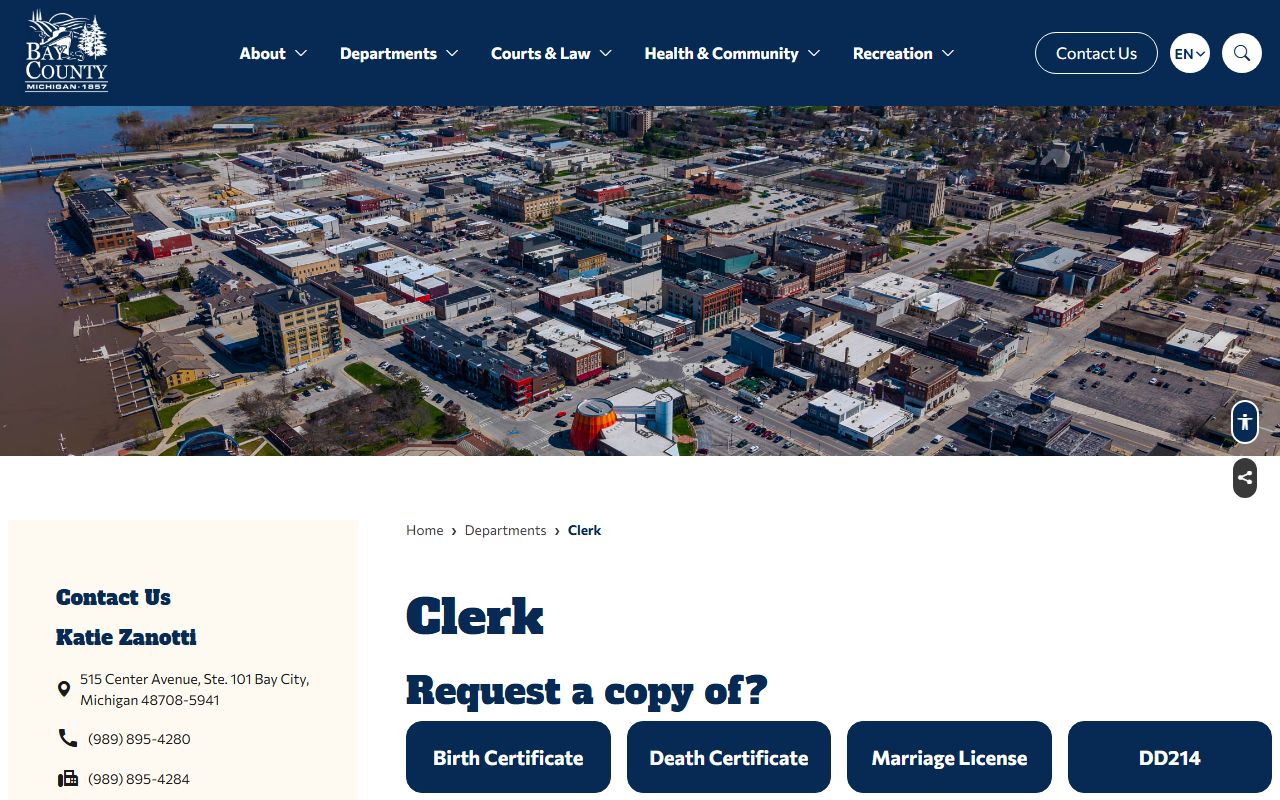 Bay County Clerk contact card and vital records services page