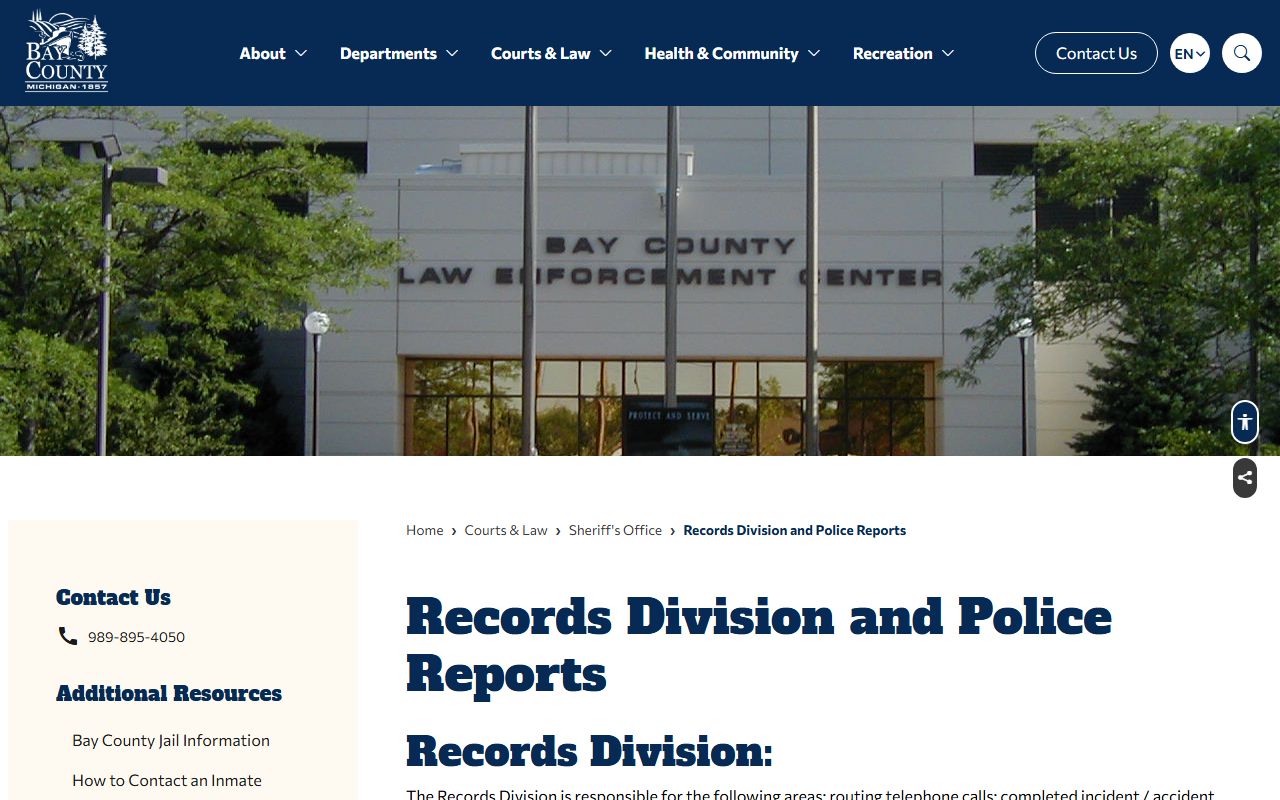Bay County inmate records and Sheriff records division page