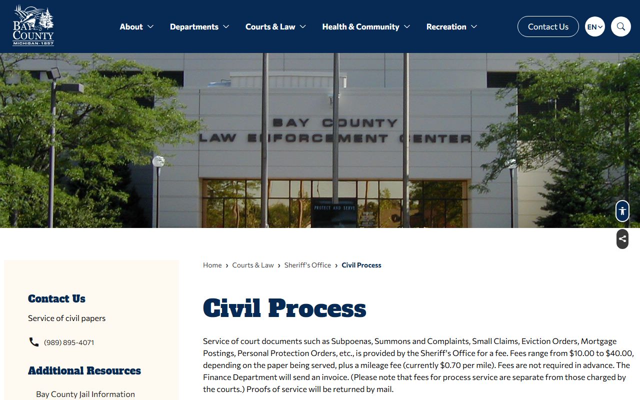 Bay County jail civil process and Sheriff fee schedule