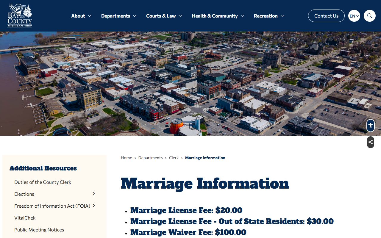Bay County marriage license requirements and application page