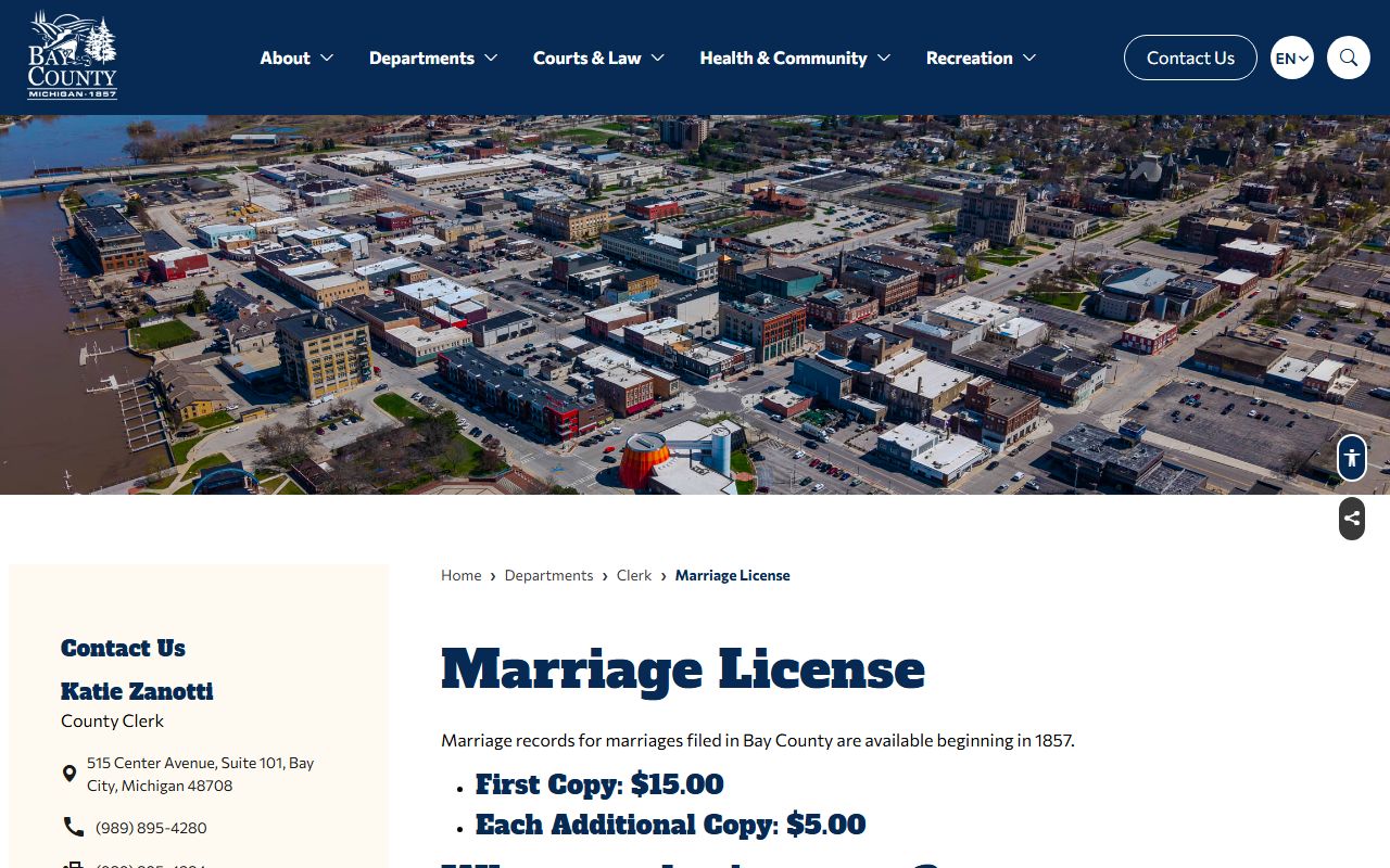Bay County certified marriage record copy request page